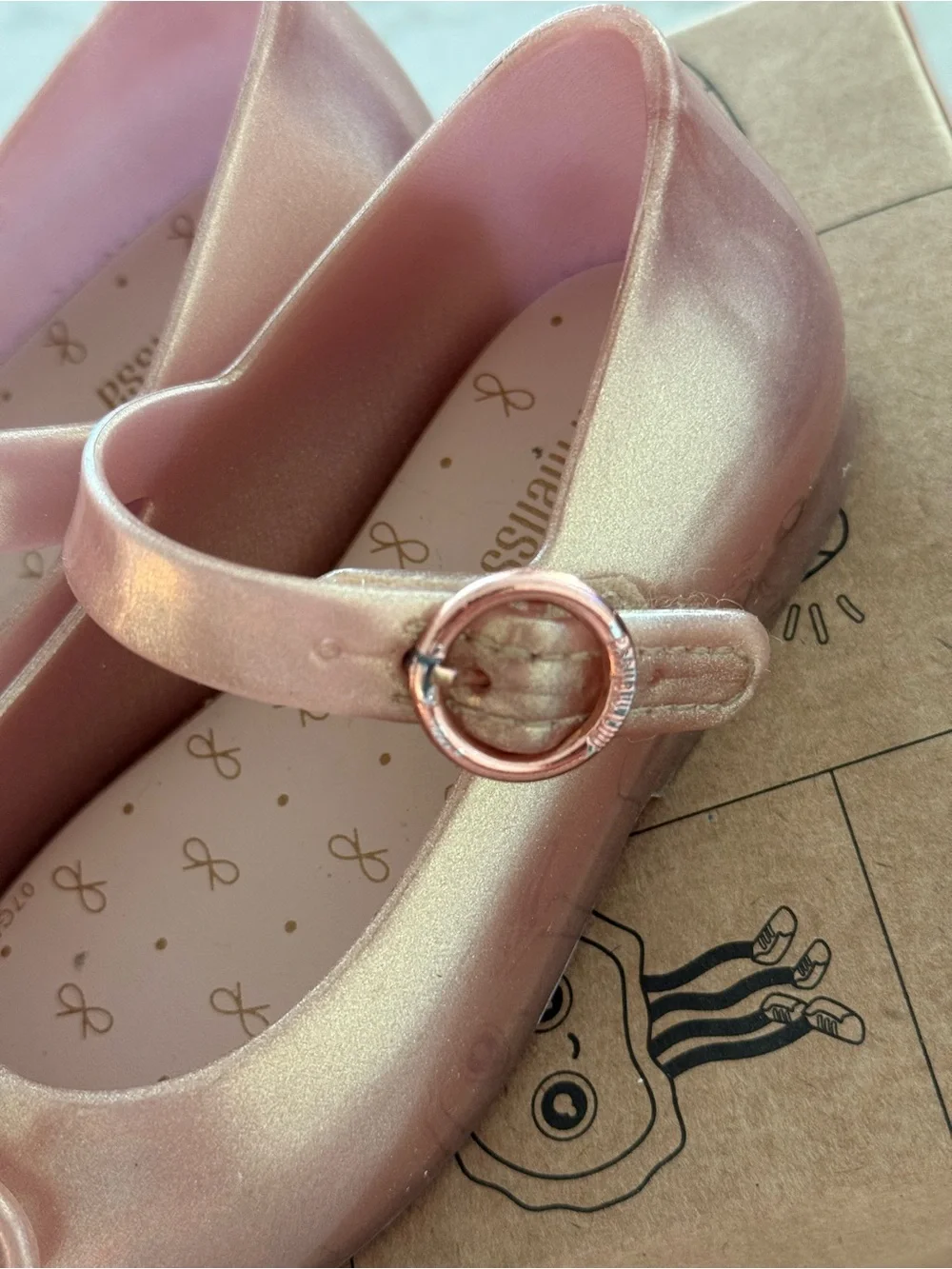 Mini Melissa Metallic Rose Gold Mary Janes with Bow Accent